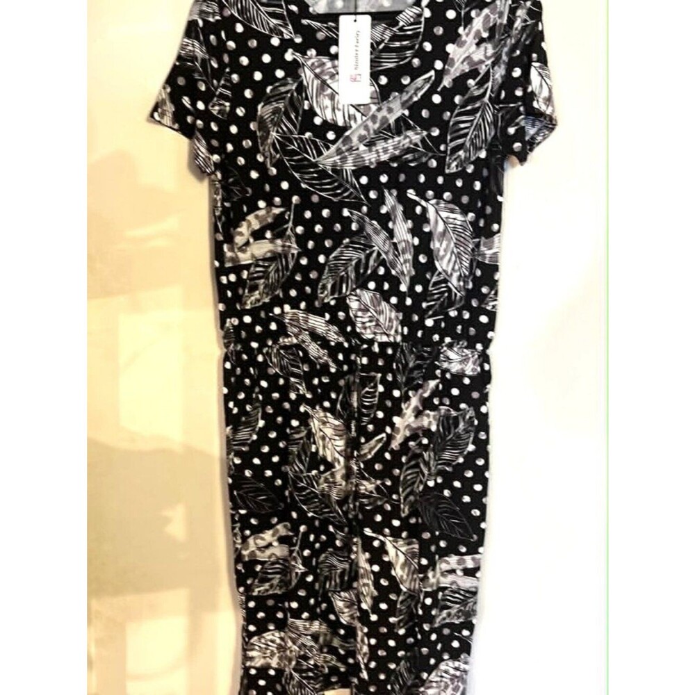 Simier Farirry Black & White Leaf Dot Midi Dress • Drawstring Waist •NWT •Size L